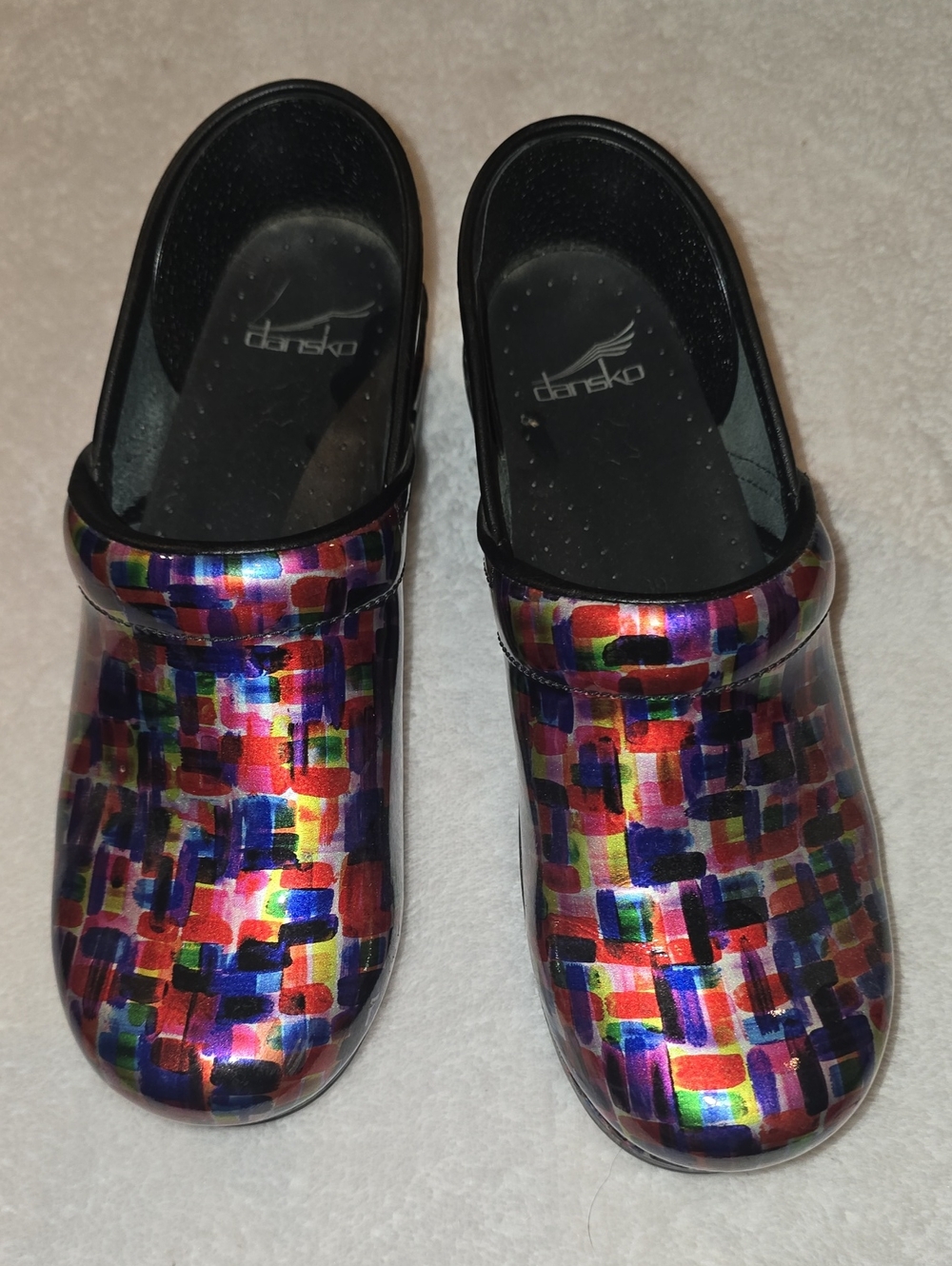 Dansko Multicolor Mosaic Patent Clogs – Purple, Red, Blue, Green